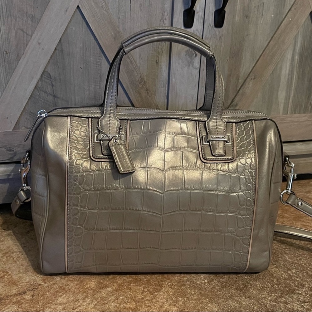 Coach Taylor Spring Shiny Croc Leather Satchel Crossbody Sand Beige